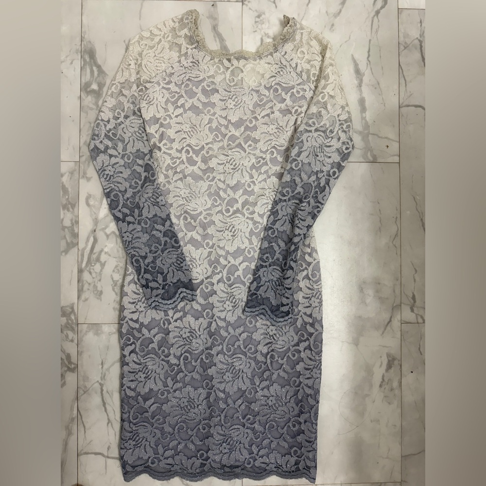 Sequin Hearts Lace Long Sleeve Dress - White to Gray Ombre